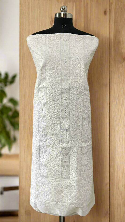 Lucknowi Chikankari Unstitched White Cotton Kurta Fabric-U10001