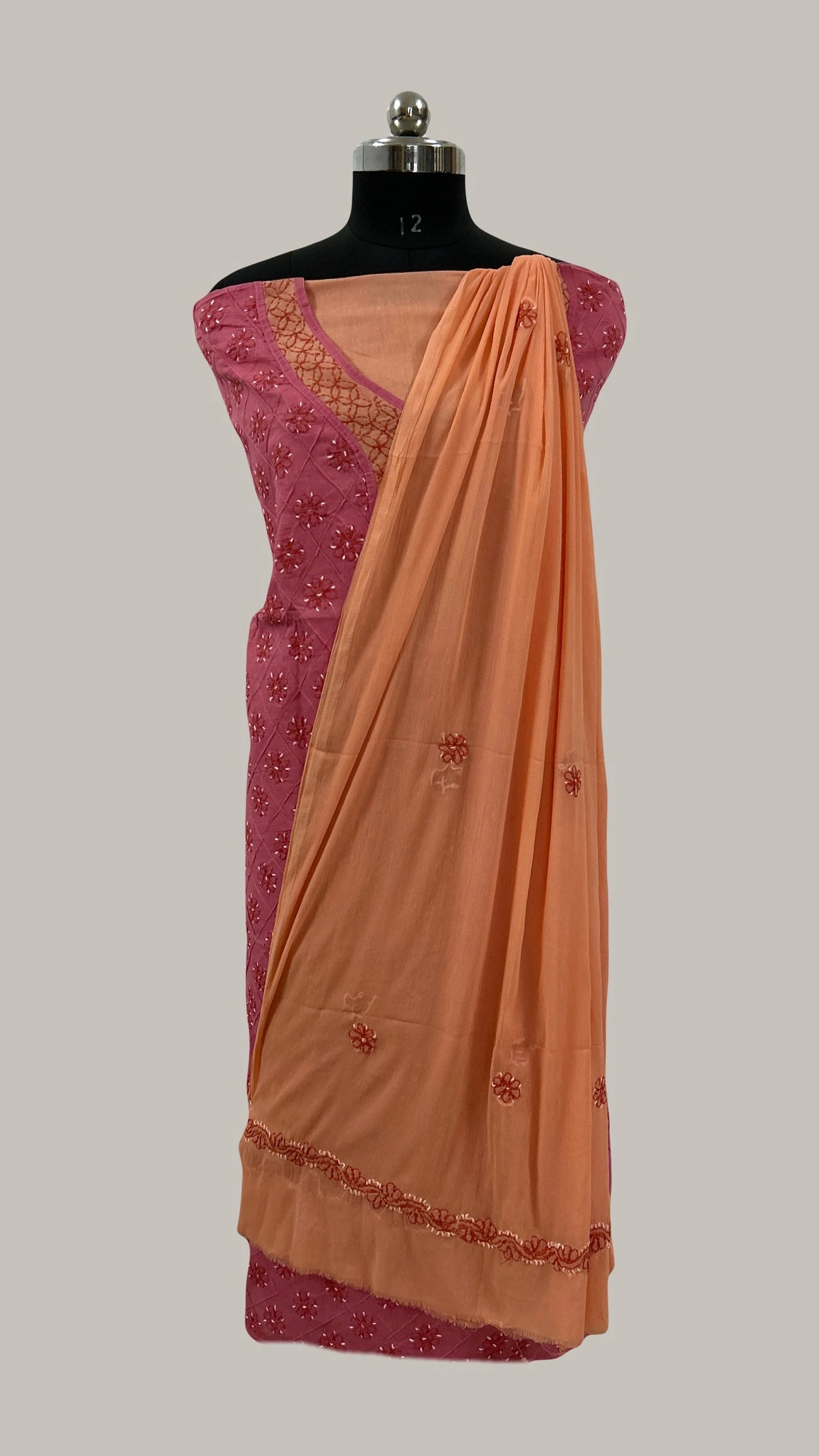 Lucknowi Chikankari Unstitched Pink Cotton Kurta-Bottom-Dupatta Fabric-U30017