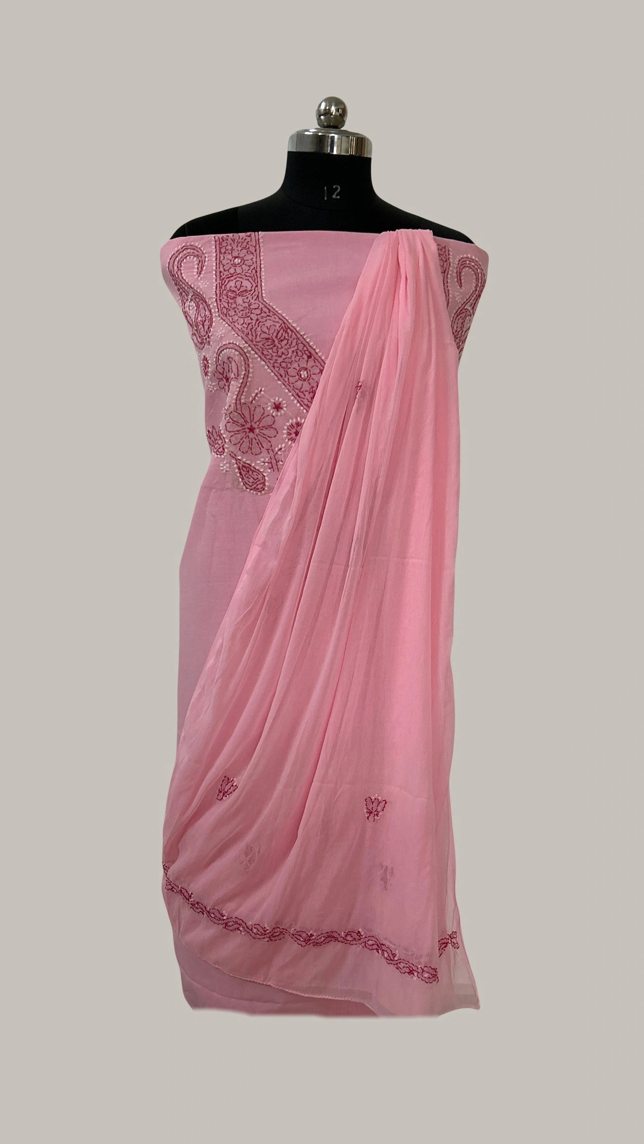 Lucknowi Chikankari Unstitched Pink Cotton Kurta-Bottom-Dupatta Fabric-U30016