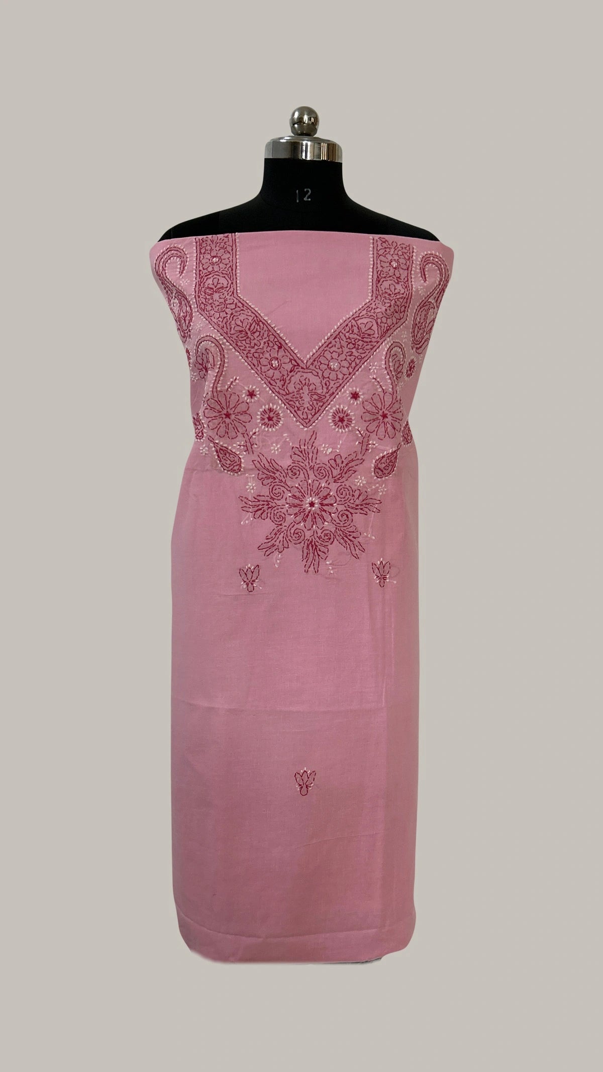 Lucknowi Chikankari Unstitched Pink Cotton Kurta-Bottom-Dupatta Fabric-U30016