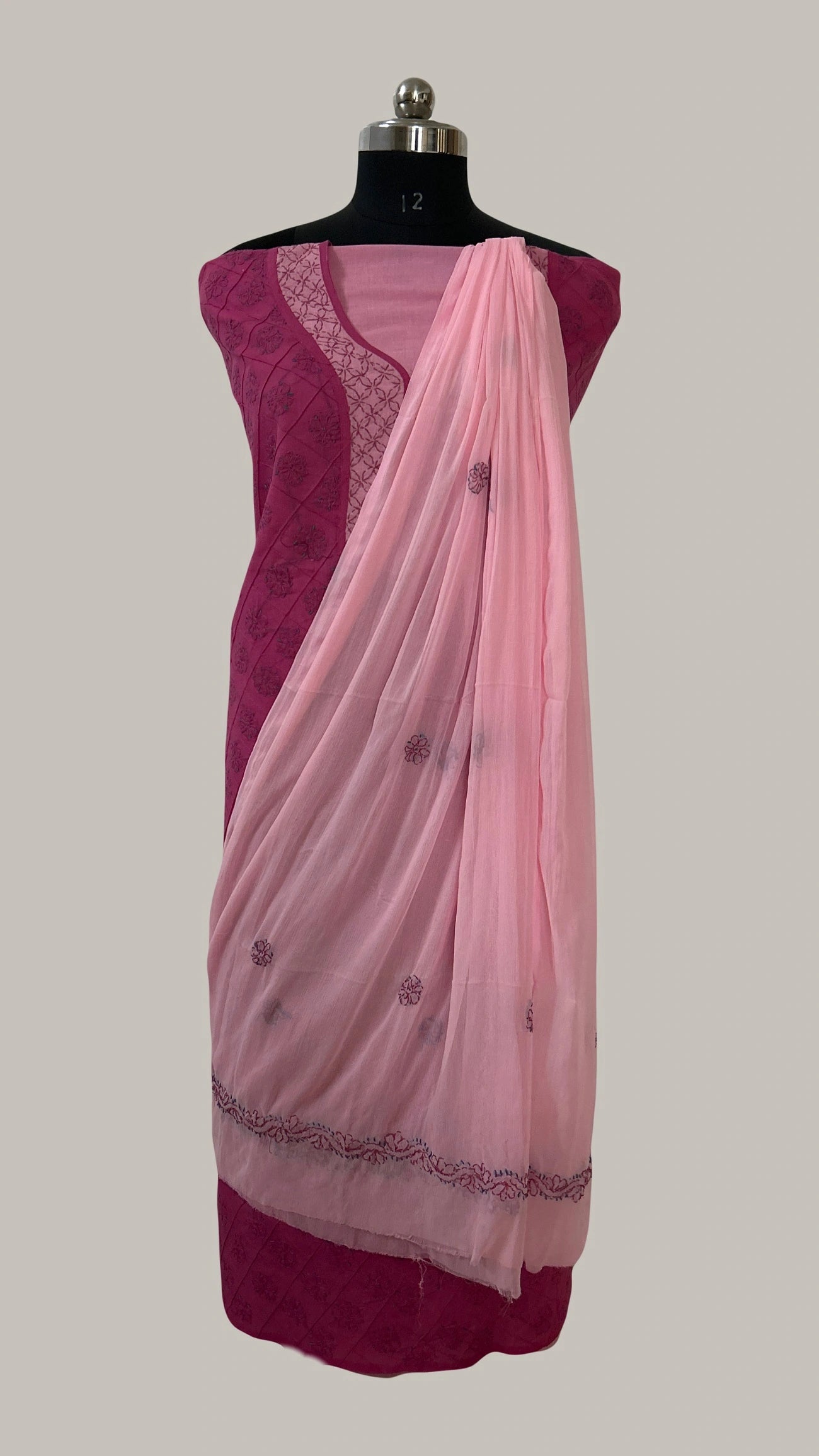 Lucknowi Chikankari Unstitched Magenta Cotton Kurta-Bottom-Dupatta Fabric-U30015