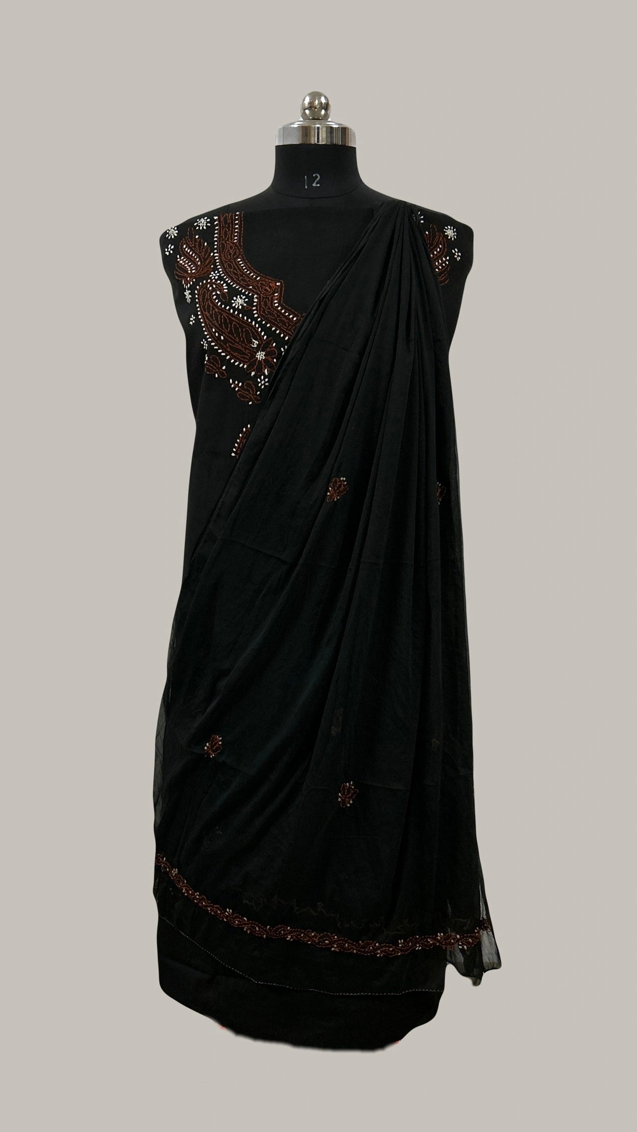 Lucknowi Chikankari Unstitched Black Cotton Kurta-Bottom-Dupatta Fabric-U30013