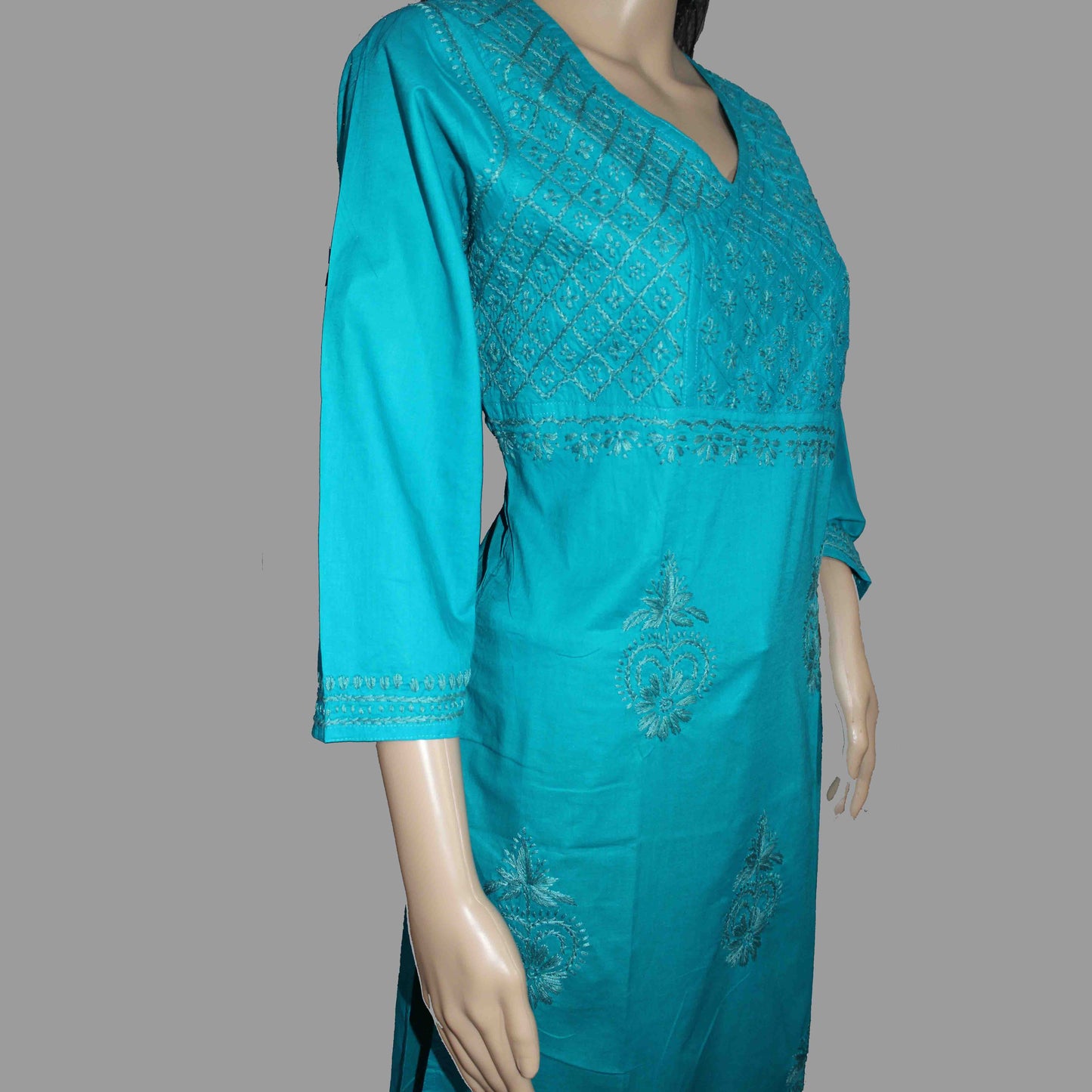 Lucknowi Chikankari Turquoise Cotton Angrakha- K50007
