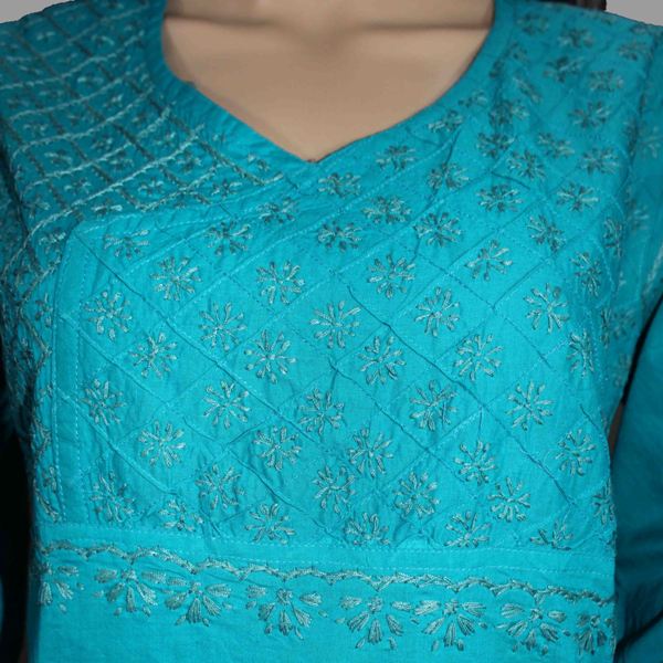 Lucknowi Chikankari Turquoise Cotton Angrakha- K50007