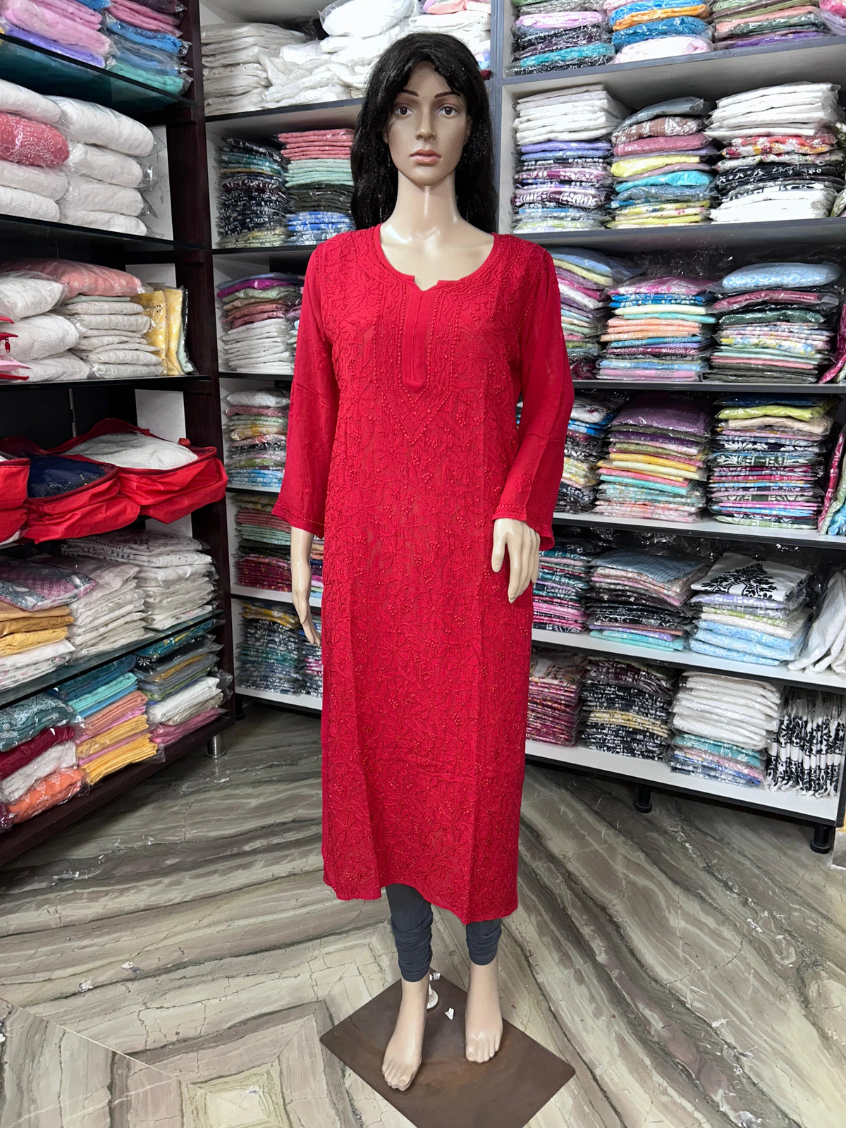 Lucknowi Chikankari Women's Red 'Surkh' Viscose Kurta