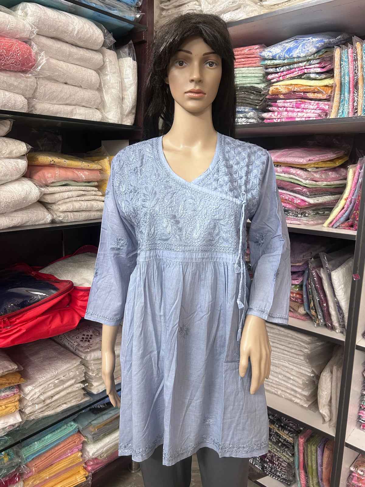 Lucknowi Chikankari Women Grey 'Dhoondhla' Cotton Angrakha Styled Short Kurti