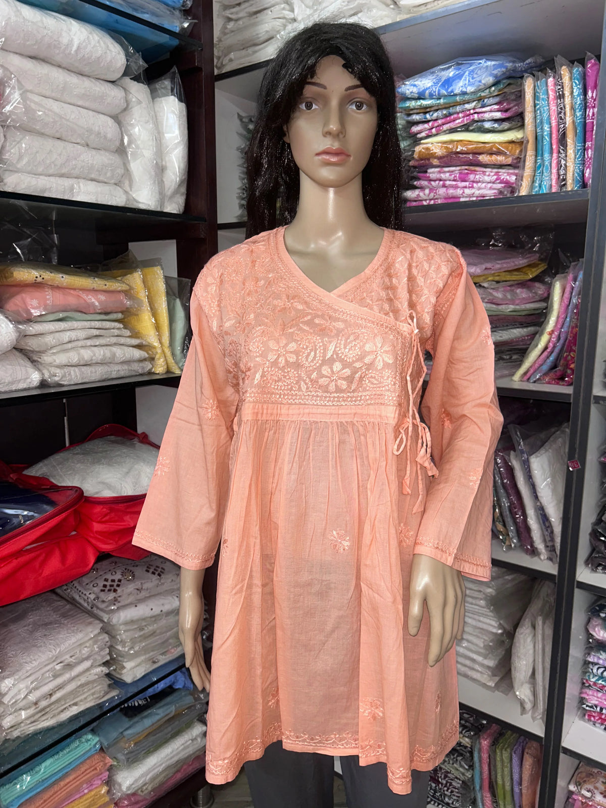 Lucknowi Chikankari Women Peach 'Aarooi' Cotton Angrakha Styled Short Kurti
