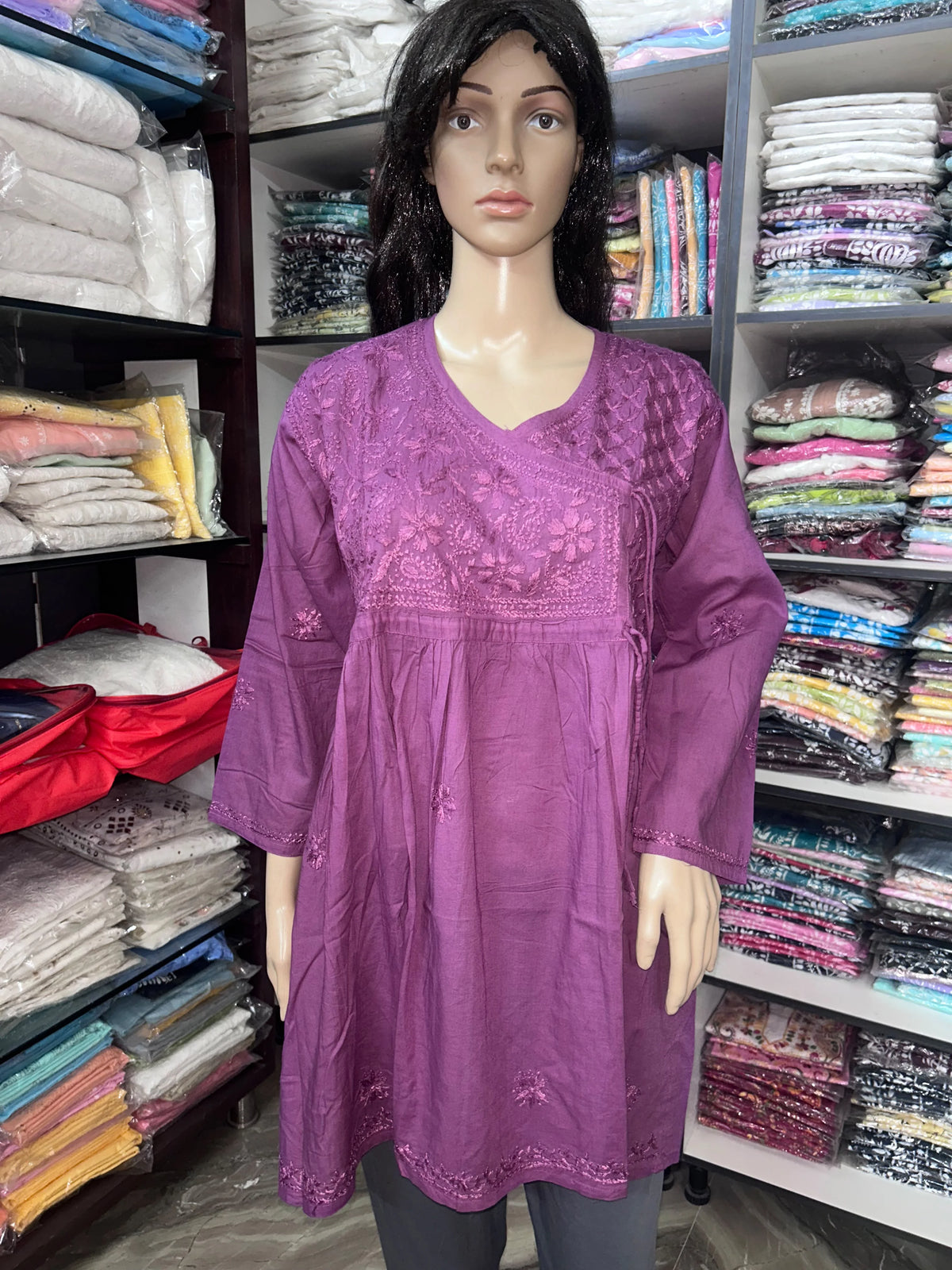 Lucknowi Chikankari Women Mauve 'Jamuni' Cotton Angrakha Styled Short Kurti