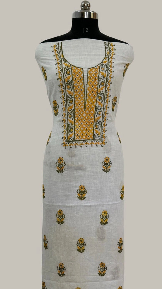 Lucknowi Chikankari Unstitched White Slub Cotton Kurta Fabric-U10005
