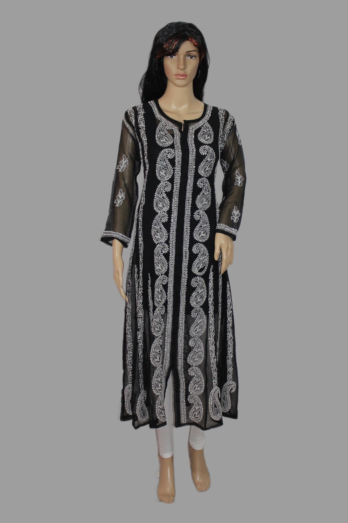 A black long kurta with intricate silver paisley and floral embroidery, displayed on a female mannequin against a solid gray background.