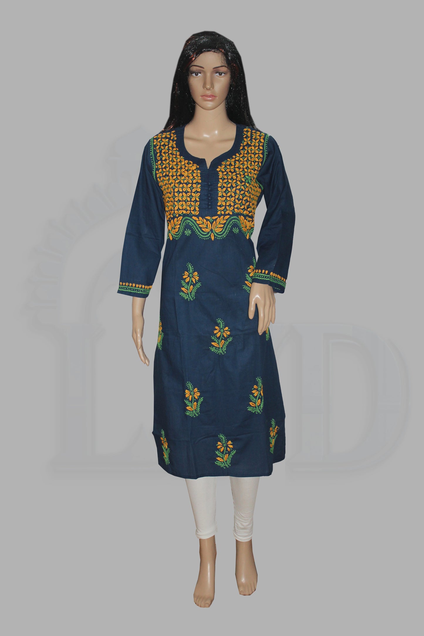 Navy blue kurta with green floral embroidery on a mannequin against a gray background