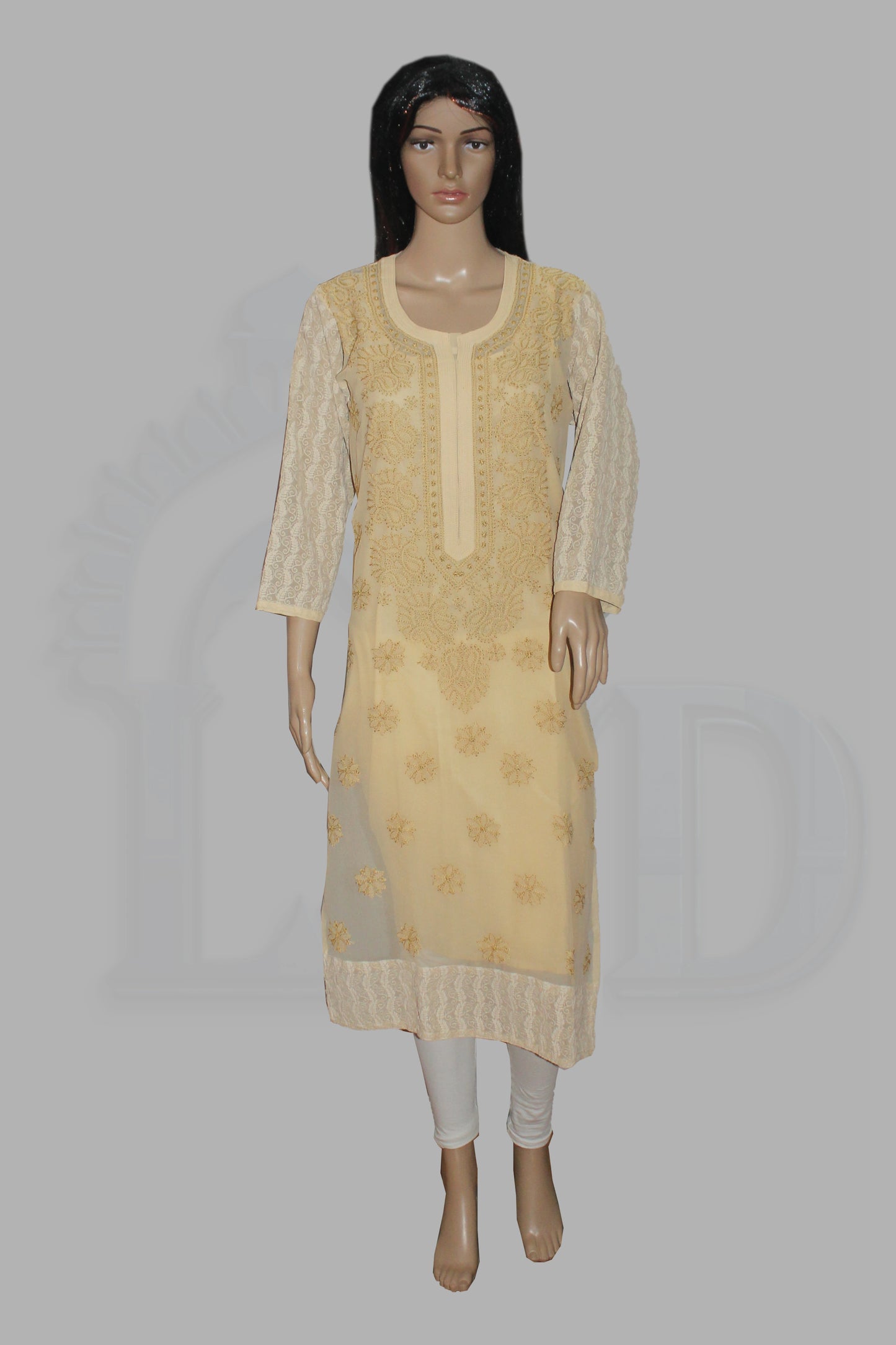 Mannequin wearing a beige embroidered kurta with white pants on a gray background