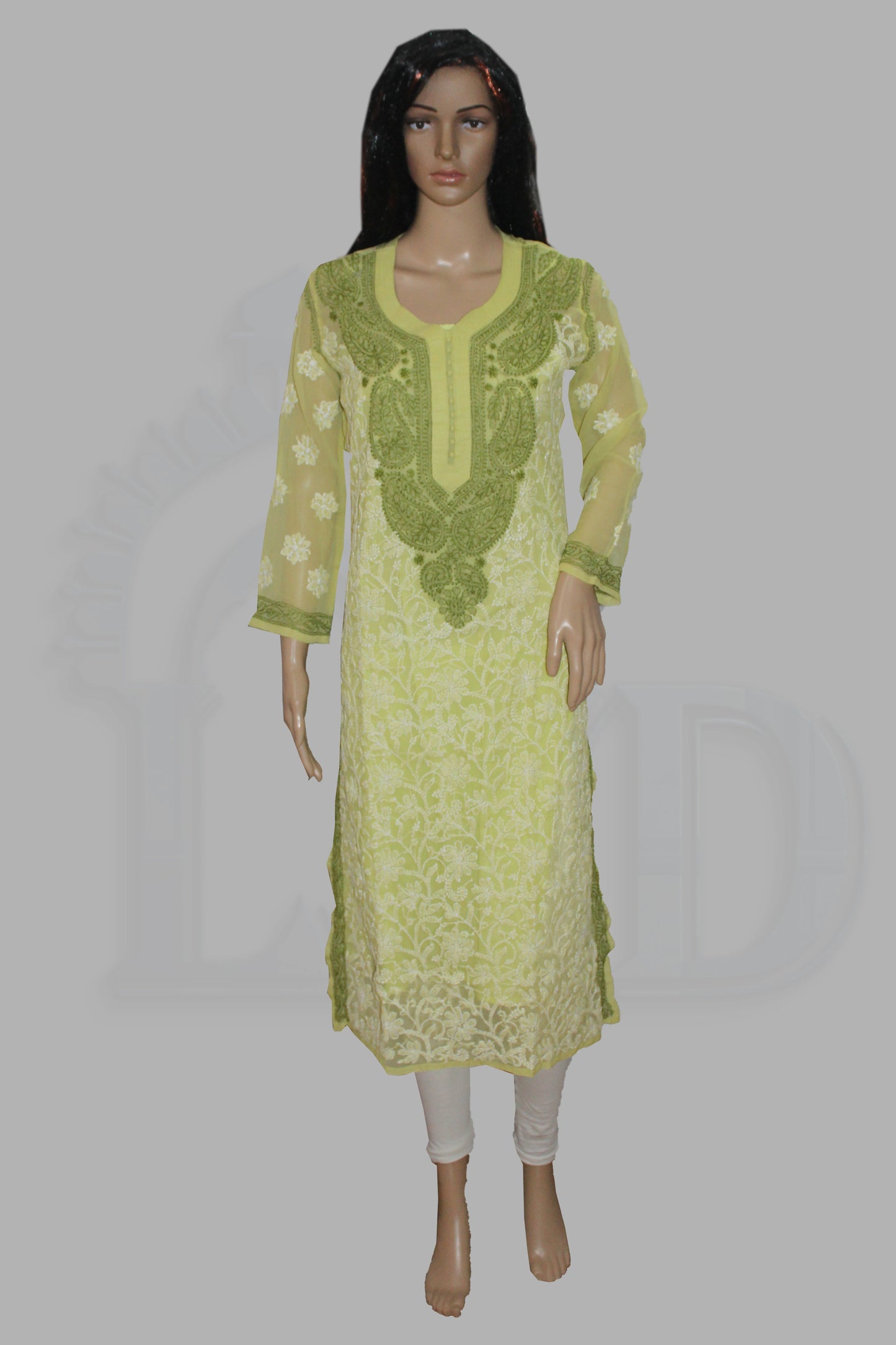Light green embroidered kurta on a mannequin against a gray background
