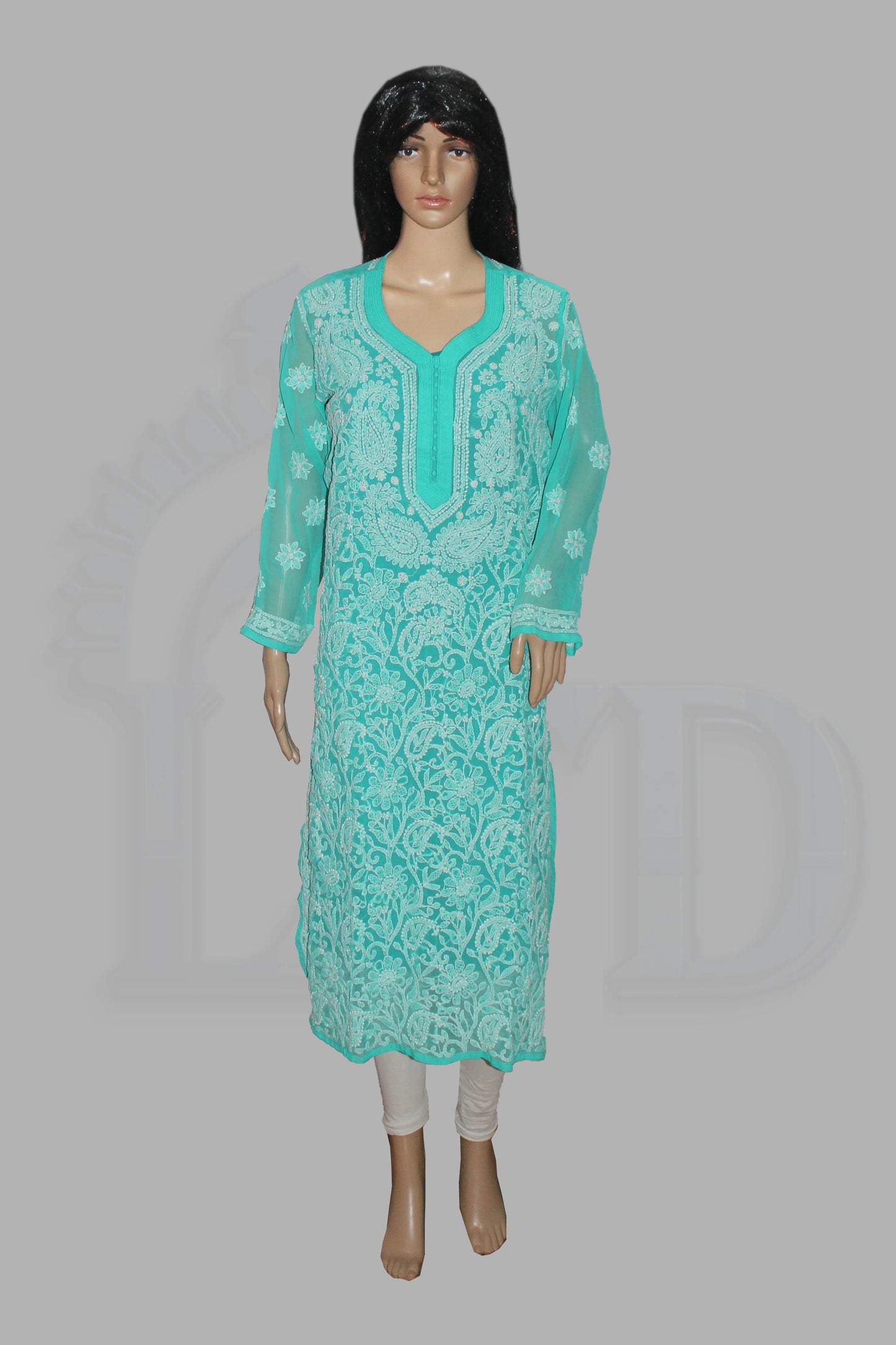 Mannequin wearing a turquoise embroidered kurta on a gray background