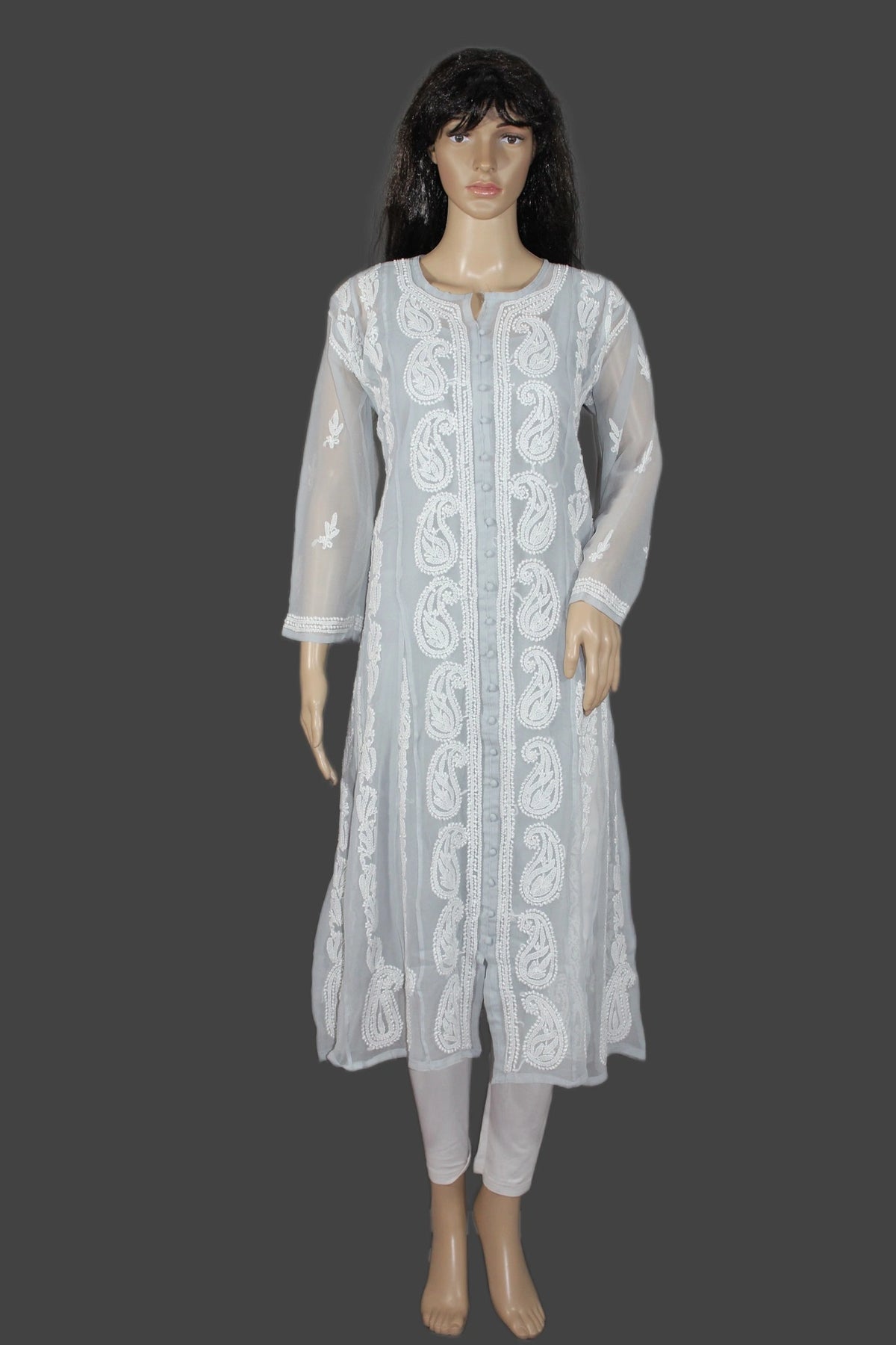 Lucknowi chikankari A grey long kurta with white paisley patterns, displayed on a female mannequin against a solid gray background.