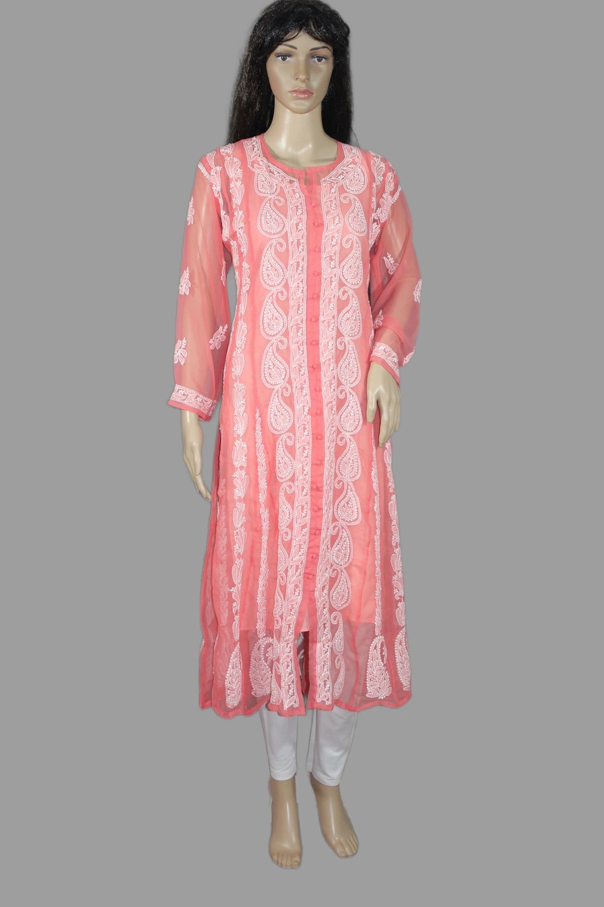 A pink and white embroidered kurta displayed on a female mannequin against a solid gray background.