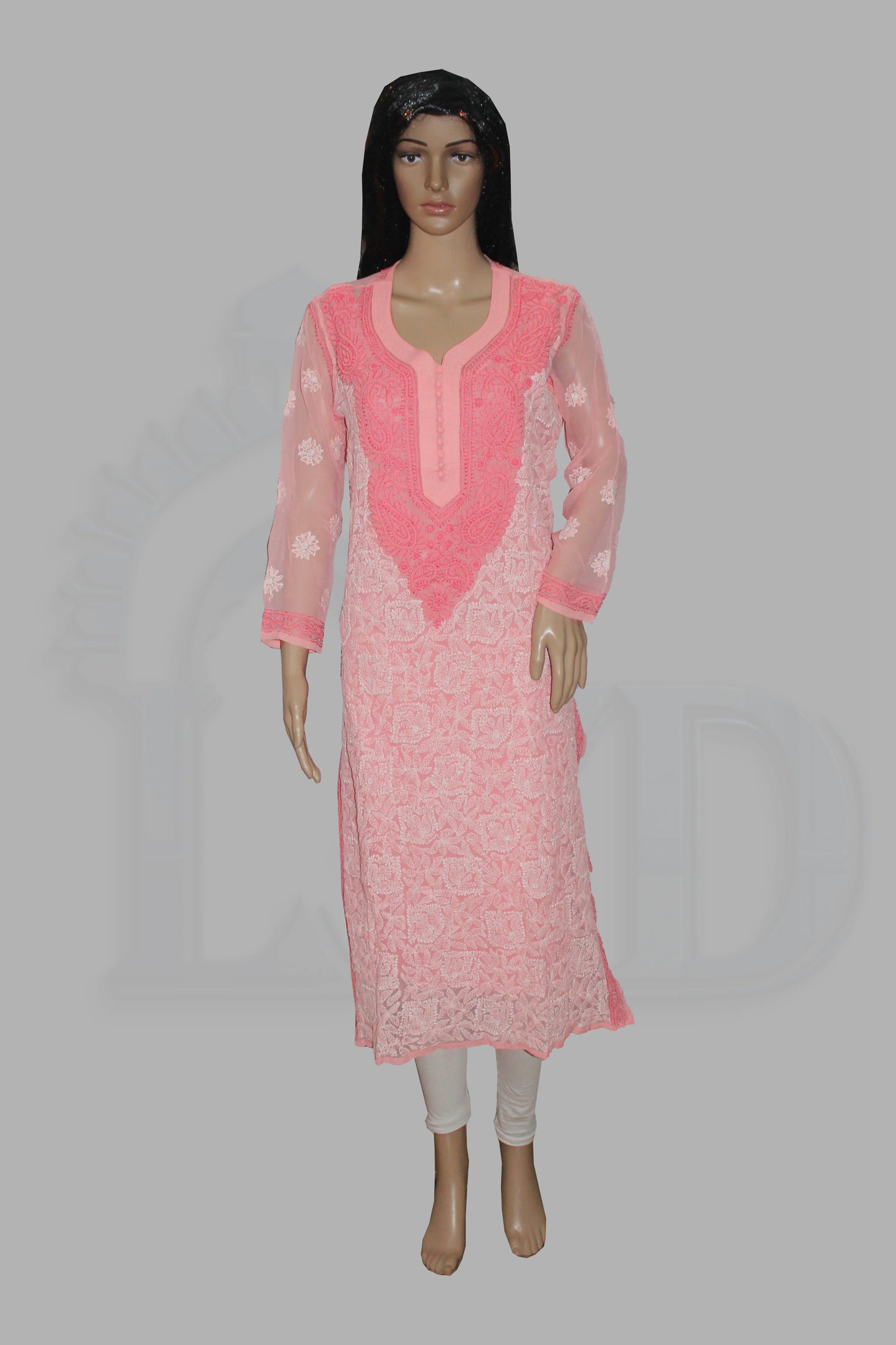 Mannequin wearing a pink embroidered kurta with white pants on a gray background