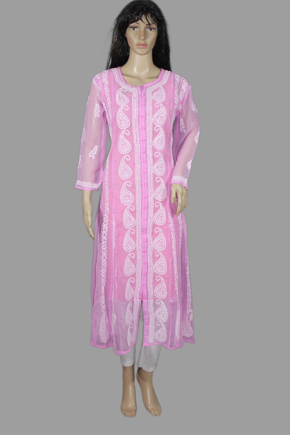 A pink long kurta with white paisley embroidery, displayed on a female mannequin against a solid gray background.