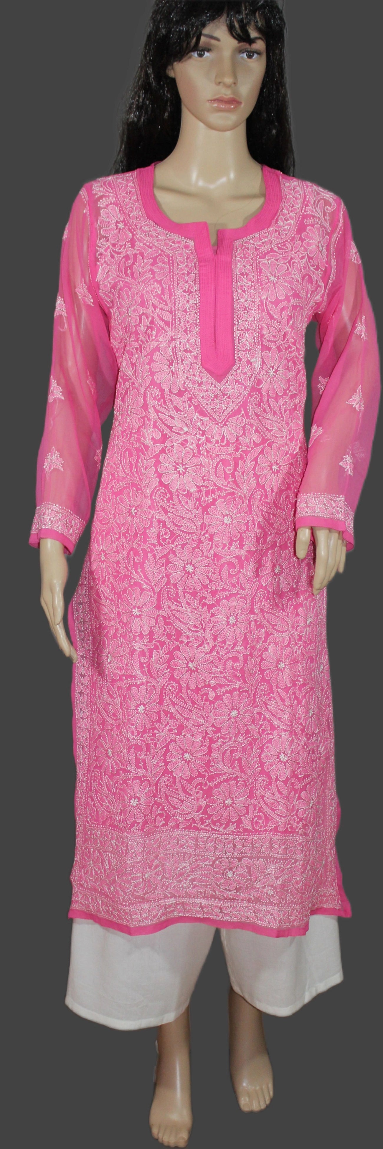 chikan kadhai Pink and white patterned kurta on a mannequin against a gray background