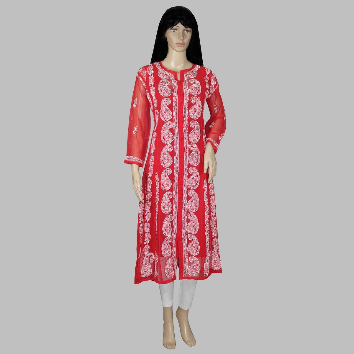 Lucknowi chikankari A red long kurta with white paisley patterns, displayed on a female mannequin against a solid gray background.