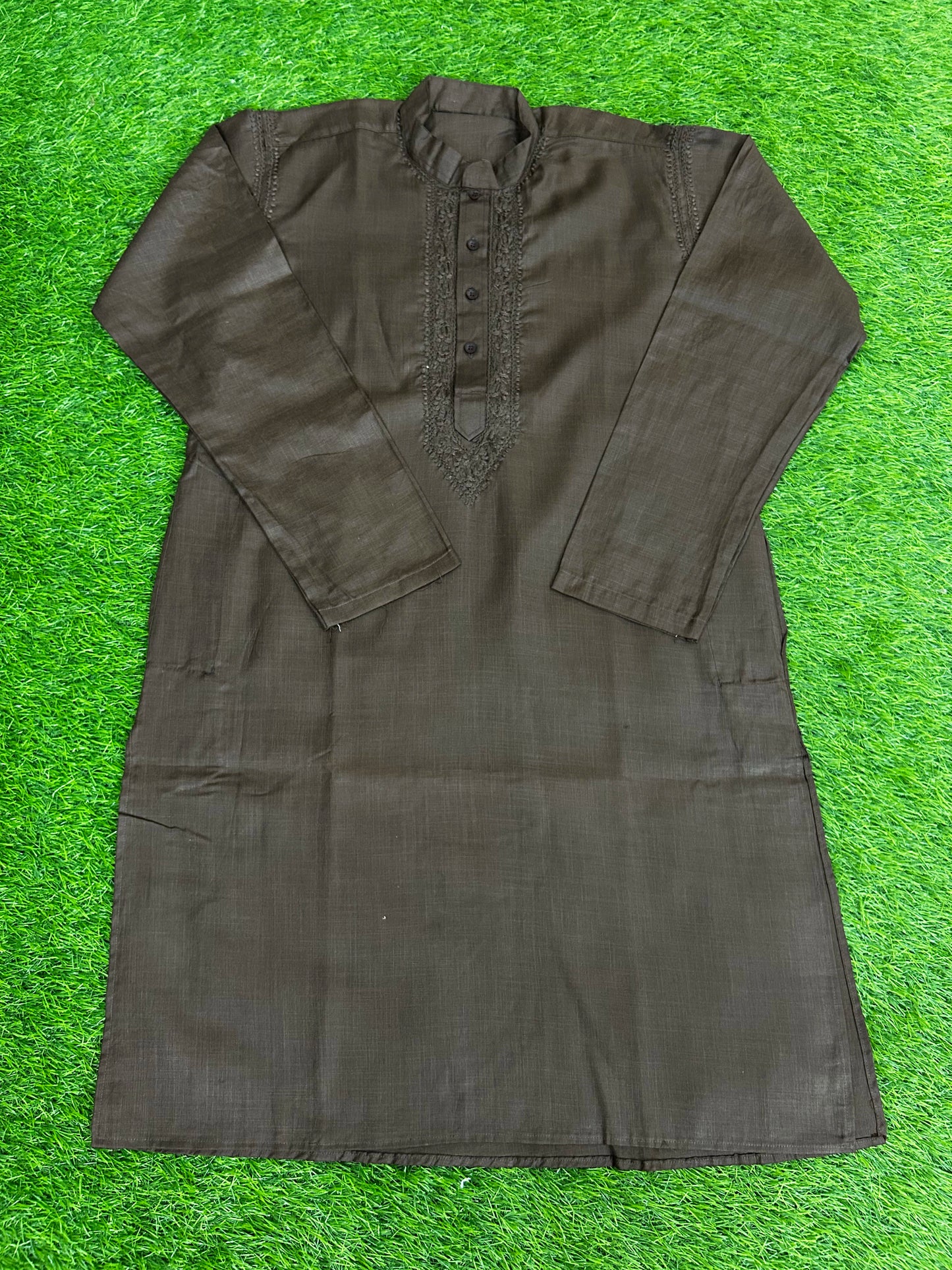 lucknowi chikankari Dark brown long-sleeve shirt on a green grass background
