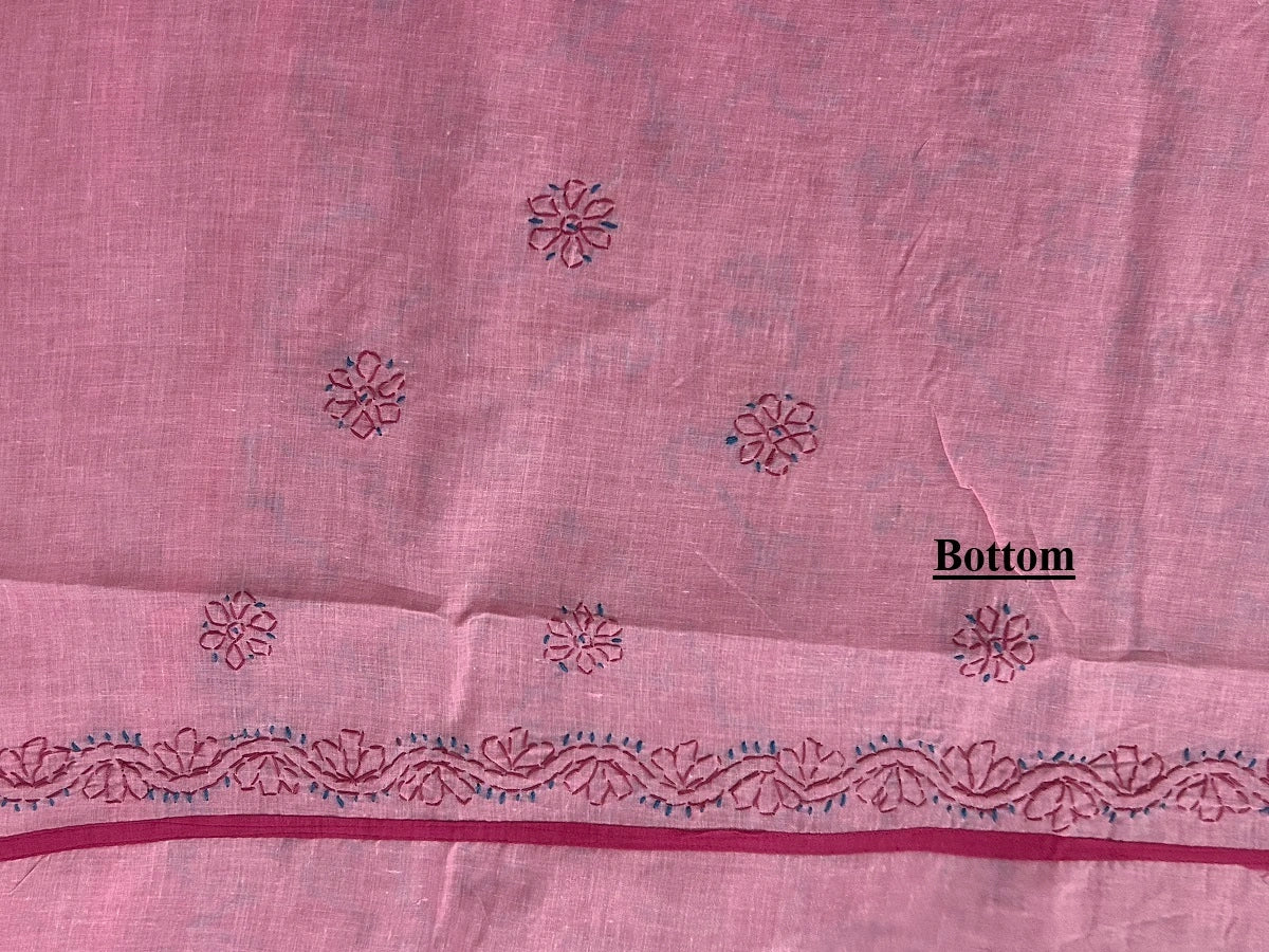 lucknowi chikankari Pink fabric with embroidered patterns and 'Bottom' text