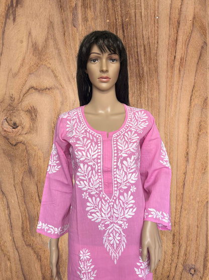 Lucknowi Chikankari Baby Pink Cotton Kurti-K000116