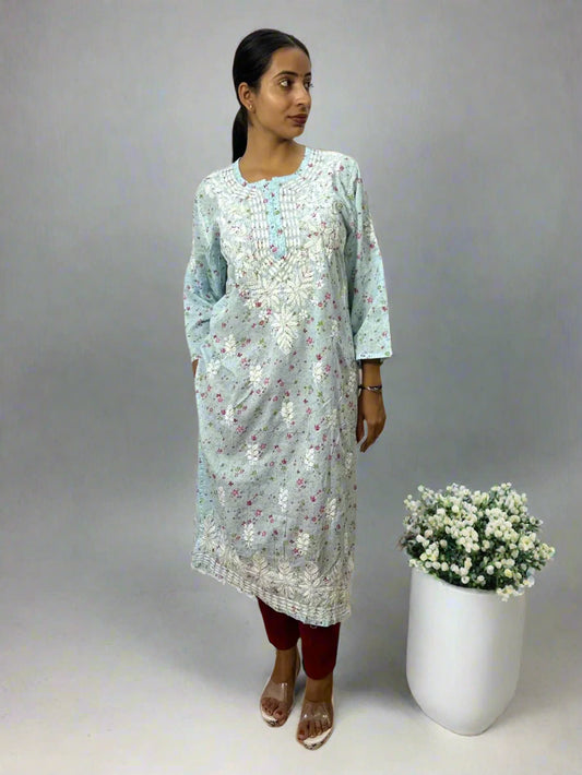 Lucknowi Chikankari Sky Blue Printed Cotton Kurti-K000084