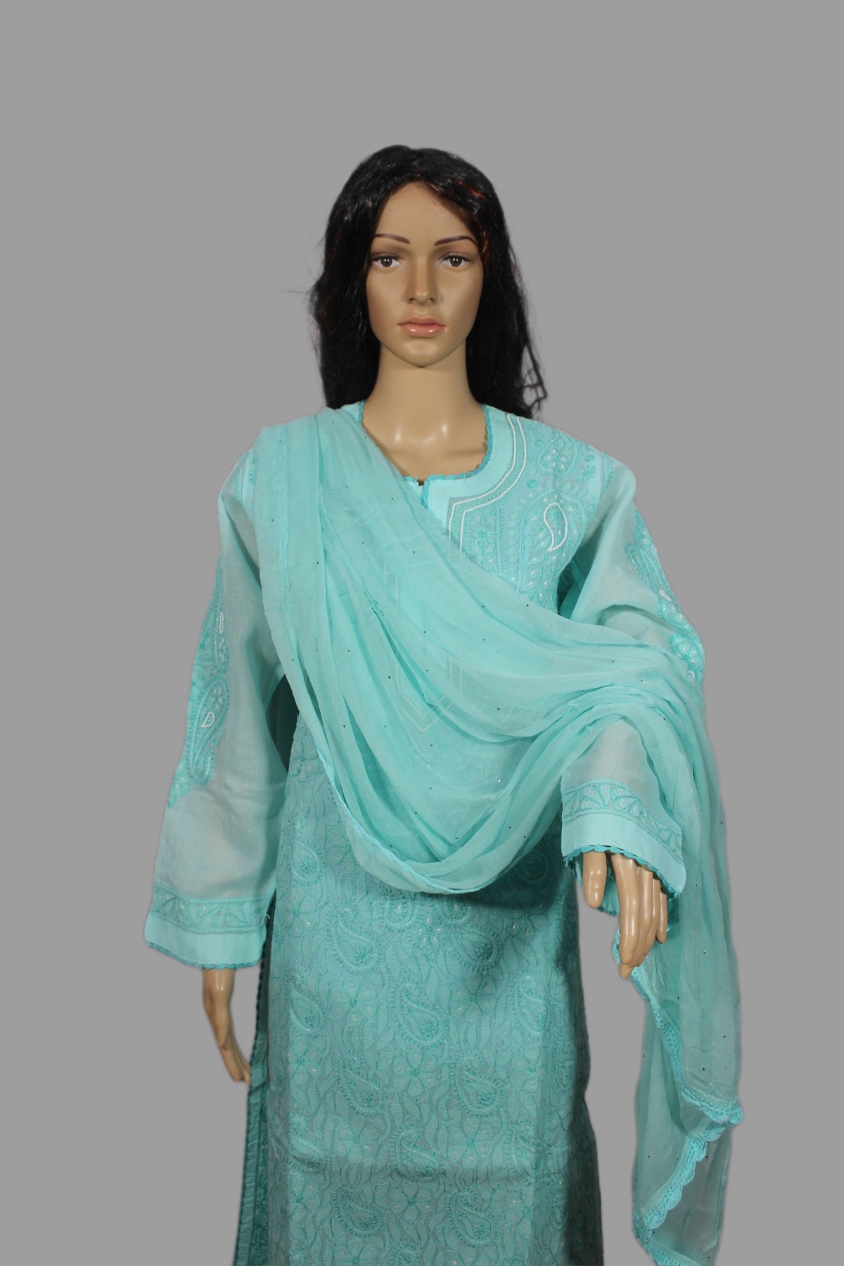 Lucknowi Chikankari Turquoise Blue Cotton 3 Piece Kurta-Chudidar Pyjama-Dupatta Set-PJ00001