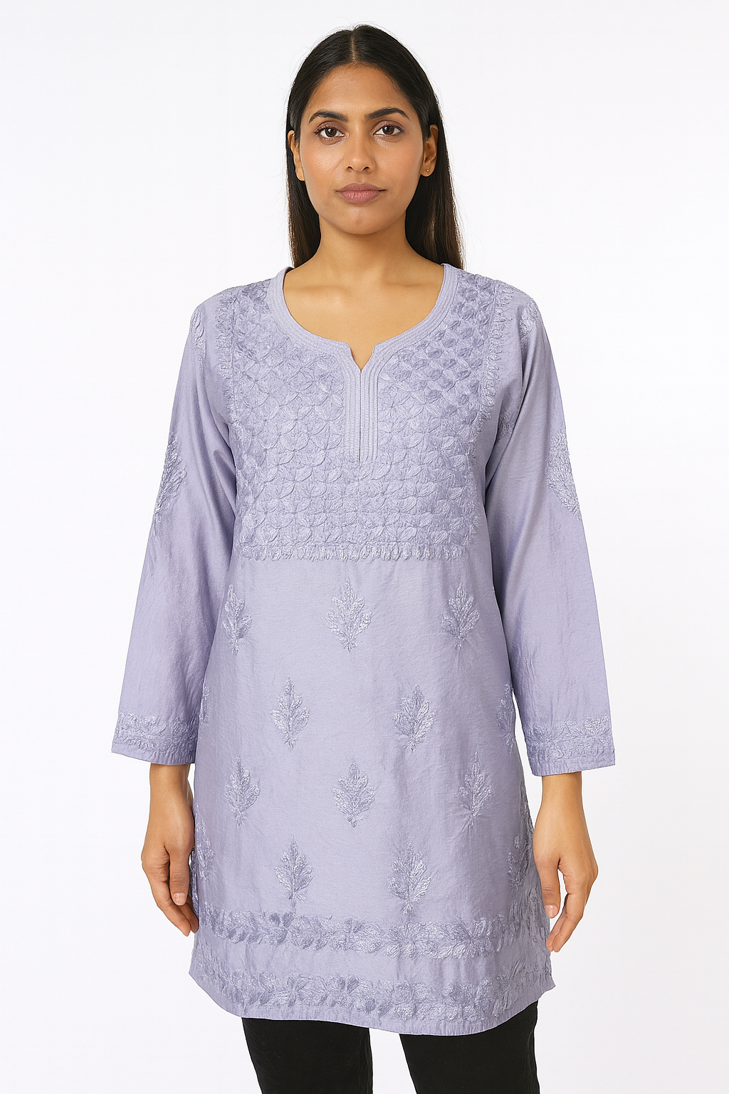 Lucknowi Chikankari Grey 'Dhoondhla' Chanderi Short Kurti-T30017
