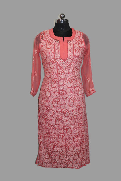 Lucknowi Chikankari Coral Pink 'Shagufta' Georgette Kurti-K30023