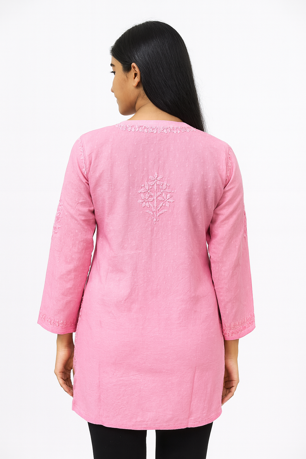 Lucknowi Chikankari Pink 'Shagufta' Cotton Short Kurti-T30016