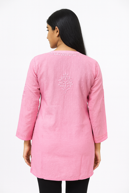 Lucknowi Chikankari Pink 'Shagufta' Cotton Short Kurti-T30016