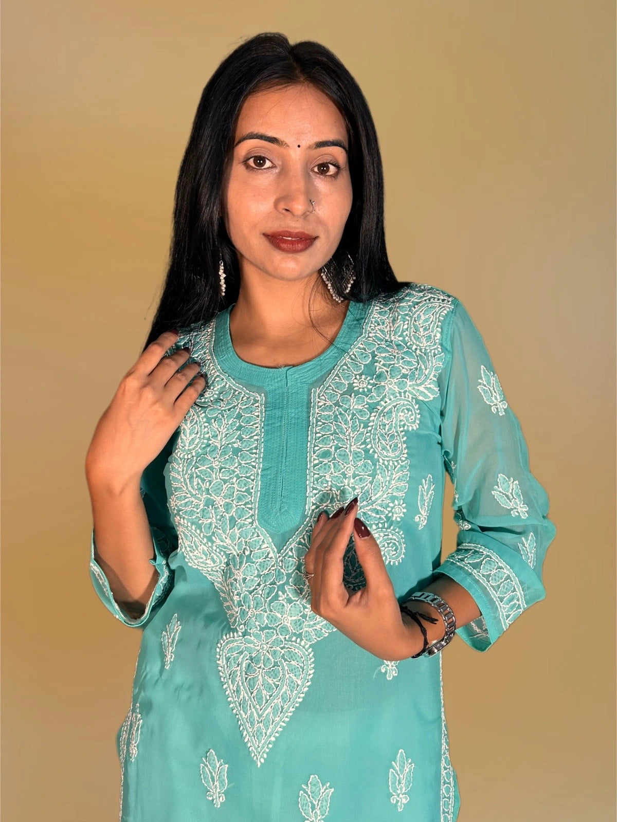 Lucknowi Chikankari Green 'Bahar' Georgette Kurti-K000065