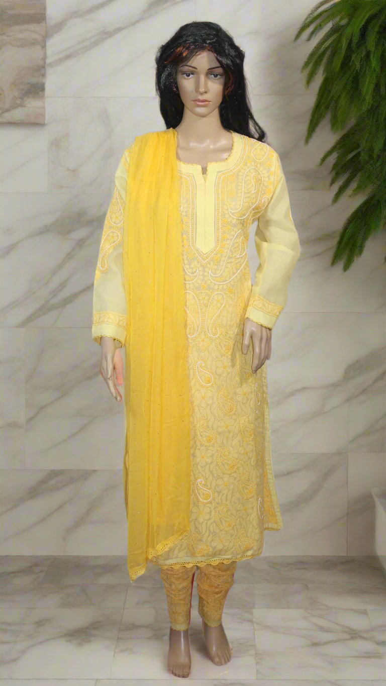 Lucknowi Chikankari Yellow Cotton 3 Piece Kurta-Chudidar Pyjama-Dupatta Set-PJ00007