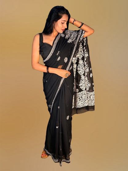 Lucknowi Chikankari Black Georgette Saree (With Blouse)-S00006