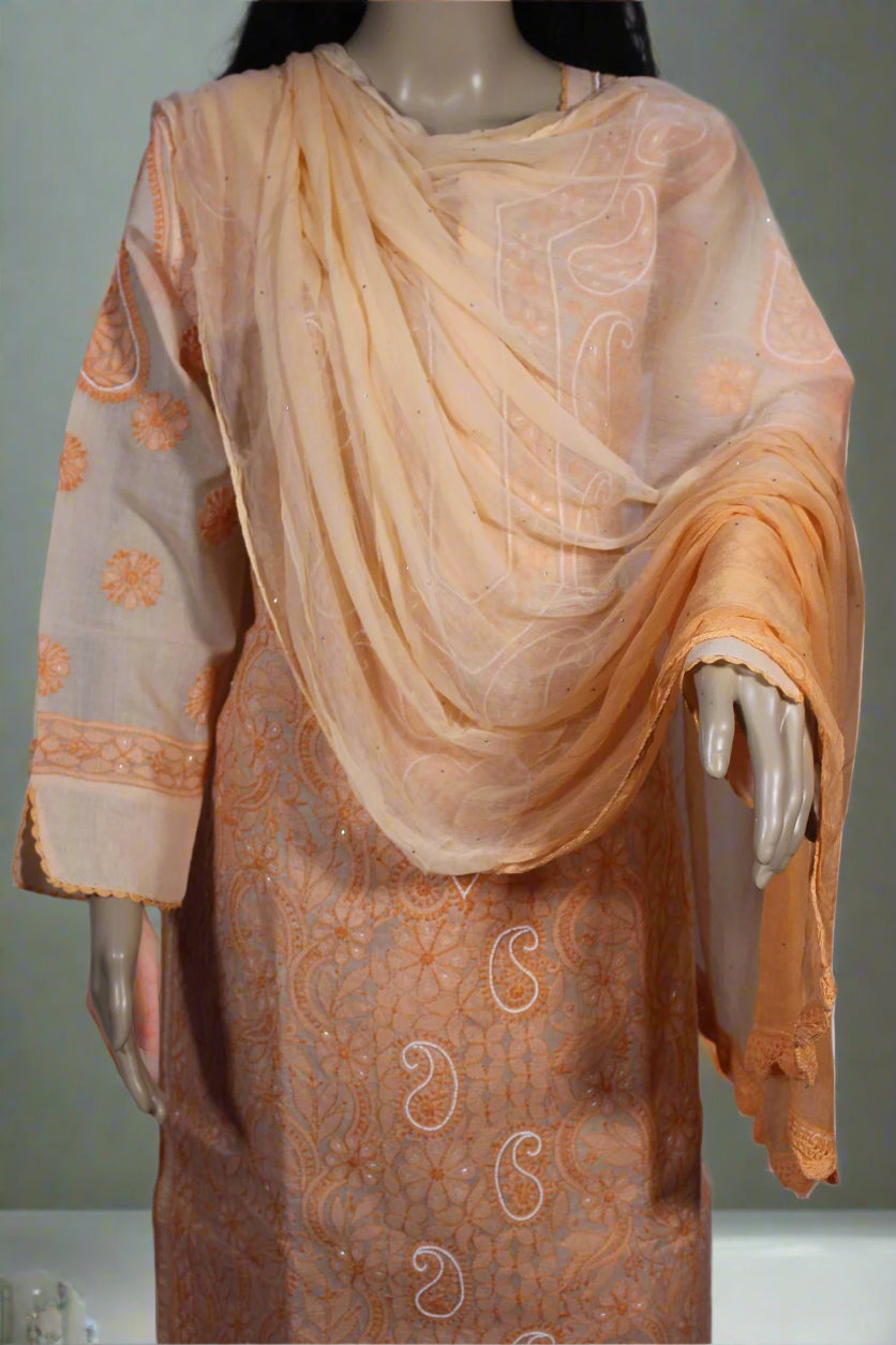 Lucknowi Chikankari Orange Cotton 3 Piece Kurta-Chudidar Pyjama-Dupatta Set-PJ00005