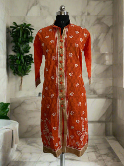 Lucknowi Chikankari Orange Chanderi Kurti-PE00011