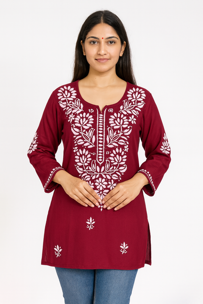 Lucknowi Chikankari Maroon 'Shafaq' Rayon Short Kurti-T80001