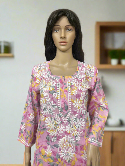 Lucknowi Chikankari Pink Printed Cotton Kurti-K000180
