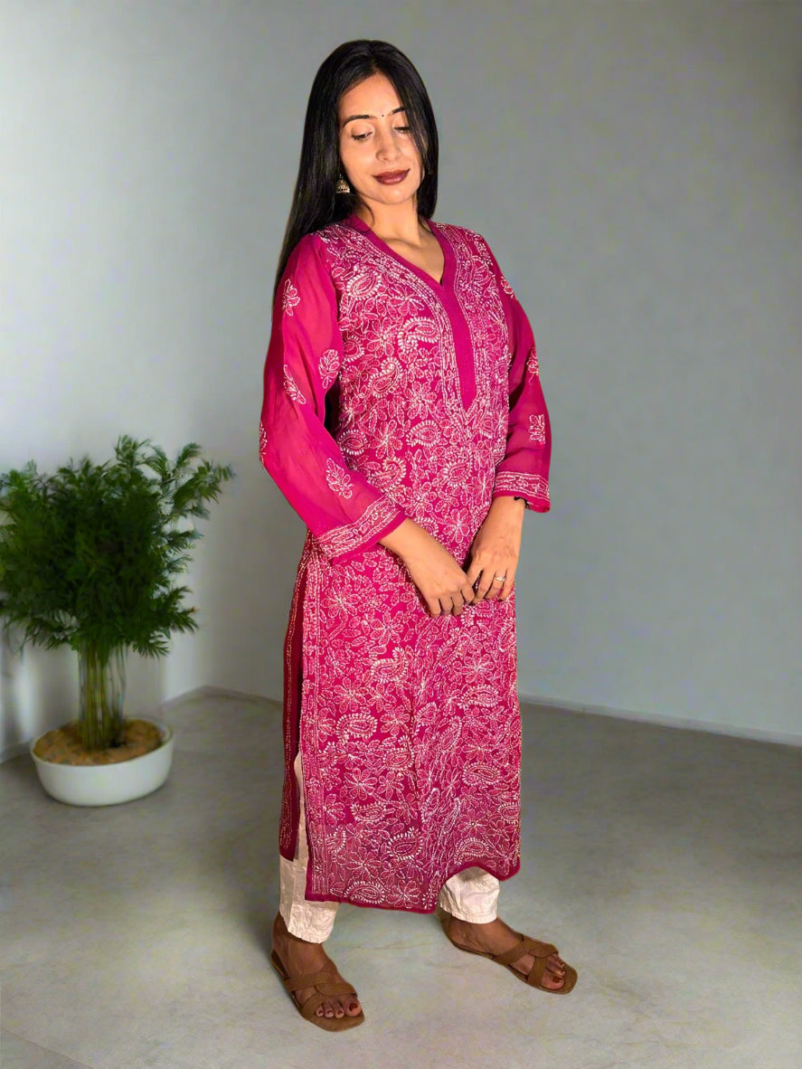 Lucknowi Chikankari Magenta Georgette Kurti-K000034