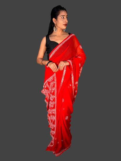 Lucknowi Chikankari Red Georgette Saree (With Blouse)-S00001