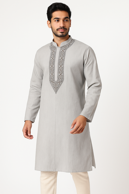 Lucknowi Chikankari Striped Off-White 'Ujaala' Rayon Gents Kurta-GK00020