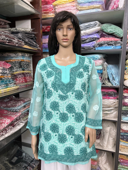 Lucknowi Chikankari Green 'Bahar' Georgette Short Kurti-T40023