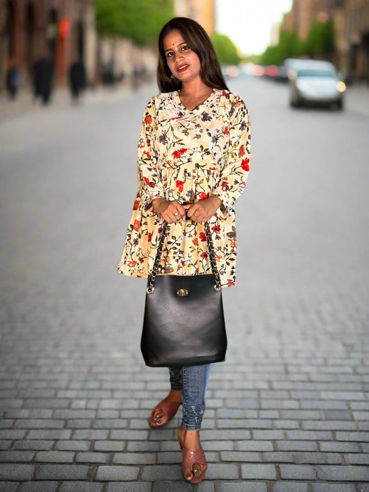 Lucknowi Chikankari Fawn Printed Cotton Angrakha Styled Short Kurti-T30002