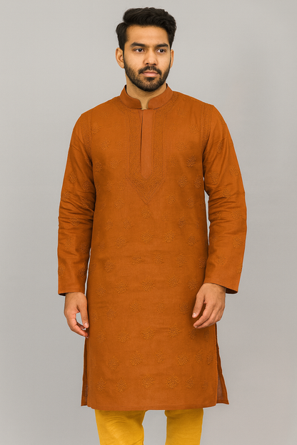 Lucknowi Chikankari Orange 'Narangi' Cotton Gents Kurta-GK00001