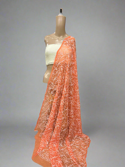 Lucknowi Chikankari Orange Georgette Dupatta-D00001