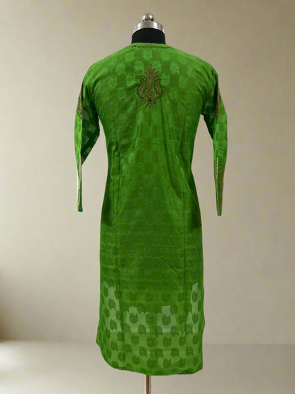 Lucknowi Chikankari Green Chanderi Kurti-PE00007