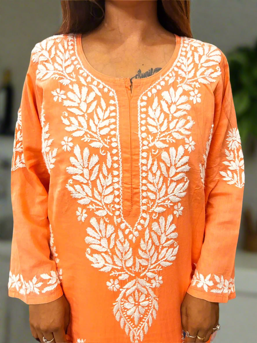 Lucknowi Chikankari Orange Cotton Kurti-K000115