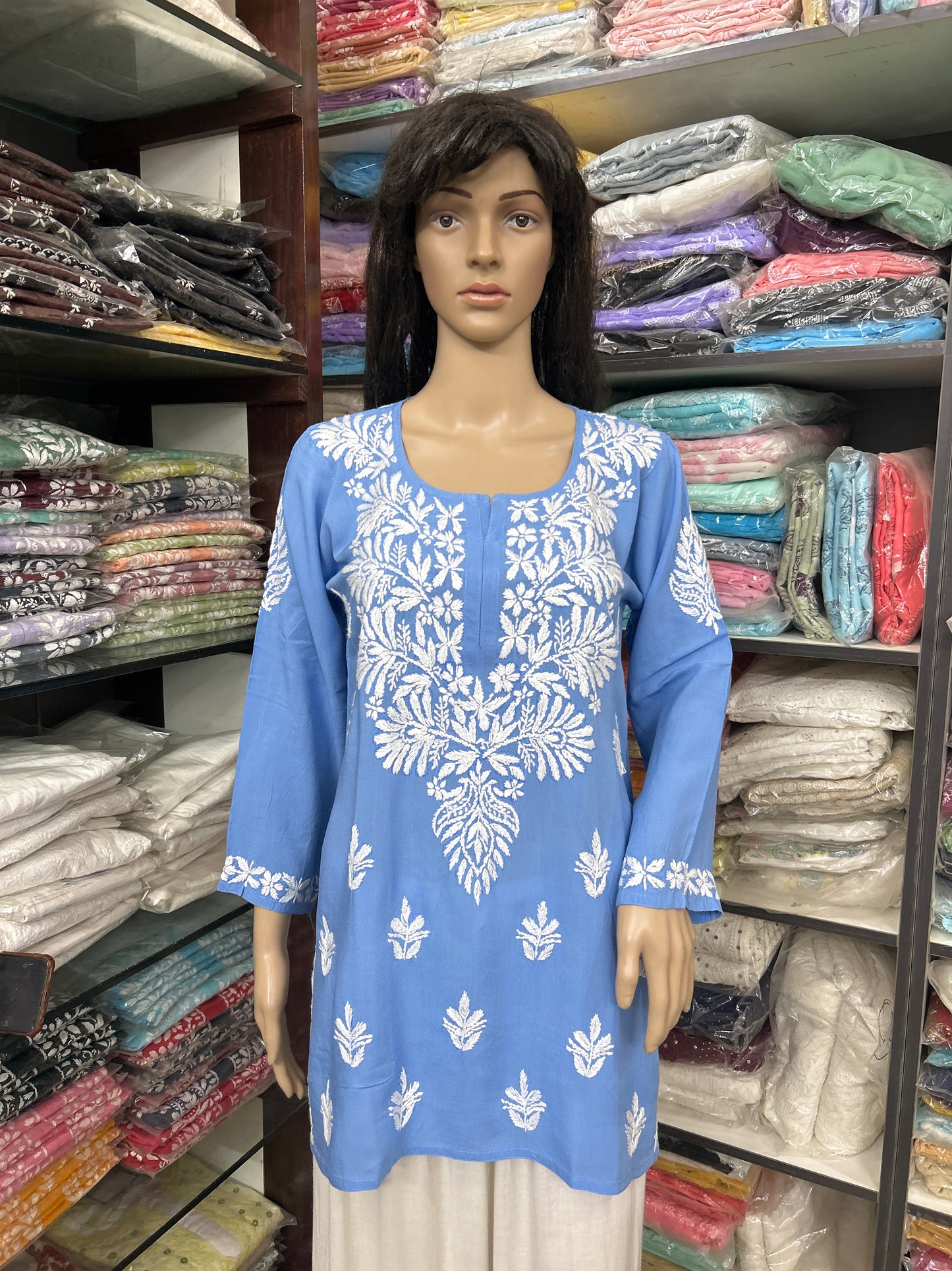 Lucknowi Chikankari Blue 'Aab-e-Asmaan' Modal Short Kurti-T000054